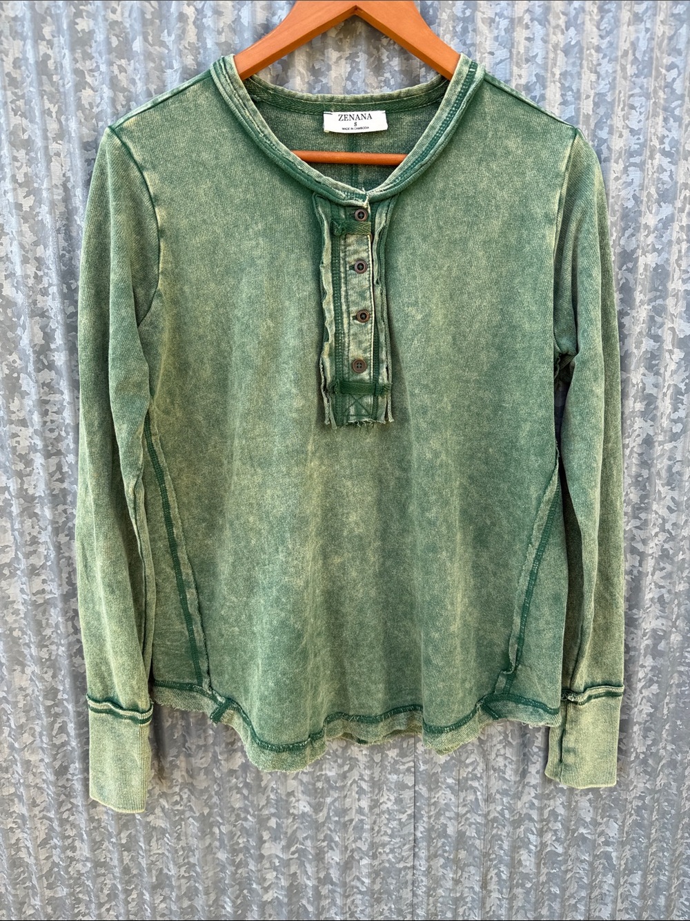 Zenana Outfitters Acid-Washed Green Henley Long Sleeve Shirt
